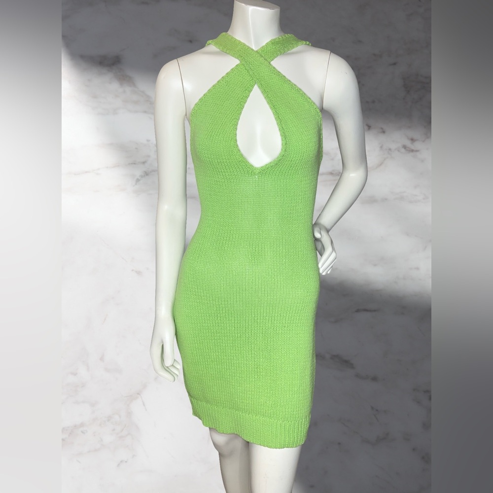 Lime Green Knit Halter Mini Dress – Cutout Crisscross Neckline by Rationalle